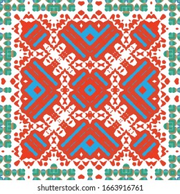 Mexican vintage talavera tiles. Creative design. Vector seamless pattern collage. Red antique background for pillows, print, wallpaper, web backdrop, towels, surface texture.