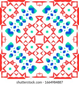 Mexican vintage talavera tiles. Creative design. Vector seamless pattern collage. Red antique background for pillows, print, wallpaper, web backdrop, towels, surface texture.