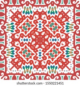 Mexican vintage talavera tiles. Fashionable design. Vector seamless pattern frame. Red antique background for pillows, print, wallpaper, web backdrop, towels, surface texture.