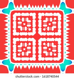 Mexican vintage talavera tiles. Fashionable design. Vector seamless pattern frame. Red antique background for pillows, print, wallpaper, web backdrop, towels, surface texture.