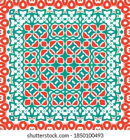 Mexican vintage talavera tiles. Fashionable design. Vector seamless pattern elements. Red antique background for pillows, print, wallpaper, web backdrop, towels, surface texture.