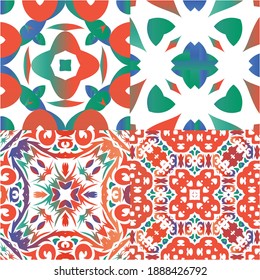 Mexican vintage talavera tiles. Fashionable design. Set of vector seamless patterns. Red antique backgrounds for pillows, print, wallpaper, web backdrop, towels, surface texture.