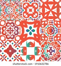 Mexican vintage talavera tiles. Fashionable design. Kit of vector seamless patterns. Red antique backgrounds for pillows, print, wallpaper, web backdrop, towels, surface texture.