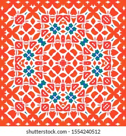 Mexican vintage talavera tiles. Geometric design. Vector seamless pattern flyer. Red antique background for pillows, print, wallpaper, web backdrop, towels, surface texture.