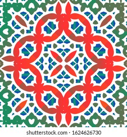 Mexican vintage talavera tiles. Geometric design. Vector seamless pattern flyer. Red antique background for pillows, print, wallpaper, web backdrop, towels, surface texture.