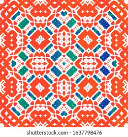Mexican vintage talavera tiles. Geometric design. Vector seamless pattern flyer. Red antique background for pillows, print, wallpaper, web backdrop, towels, surface texture.