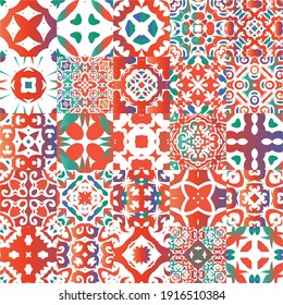 Mexican vintage talavera tiles. Geometric design. Kit of vector seamless patterns. Red antique backgrounds for pillows, print, wallpaper, web backdrop, towels, surface texture.