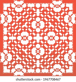 Mexican vintage talavera tiles. Graphic design. Vector seamless pattern poster. Red antique background for pillows, print, wallpaper, web backdrop, towels, surface texture.