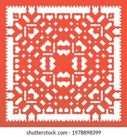Mexican vintage talavera tiles. Graphic design. Vector seamless pattern poster. Red antique background for pillows, print, wallpaper, web backdrop, towels, surface texture.