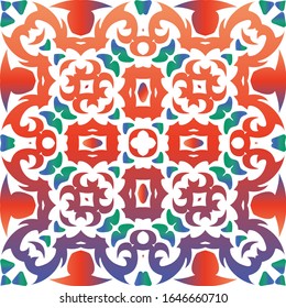 Mexican vintage talavera tiles. Hand drawn design. Vector seamless pattern texture. Red antique background for pillows, print, wallpaper, web backdrop, towels, surface texture.