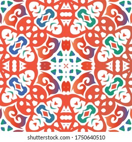 Mexican vintage talavera tiles. Hand drawn design. Vector seamless pattern illustration. Red antique background for pillows, print, wallpaper, web backdrop, towels, surface texture.
