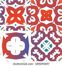 Mexican vintage talavera tiles. Hand drawn design. Collection of vector seamless patterns. Red antique backgrounds for pillows, print, wallpaper, web backdrop, towels, surface texture.