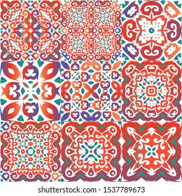 Mexican vintage talavera tiles. Kit of vector seamless patterns. Fashionable design. Red antique backgrounds for pillows, print, wallpaper, web backdrop, towels, surface texture.