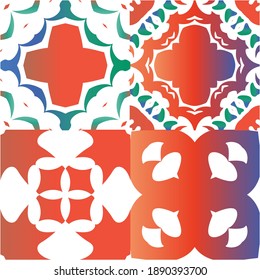 Mexican vintage talavera tiles. Kit of vector seamless patterns. Fashionable design. Red antique backgrounds for pillows, print, wallpaper, web backdrop, towels, surface texture.