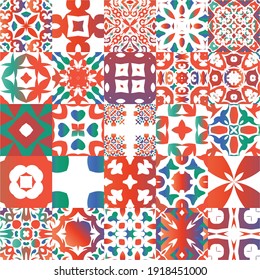 Mexican vintage talavera tiles. Kit of vector seamless patterns. Colored design. Red antique backgrounds for pillows, print, wallpaper, web backdrop, towels, surface texture.