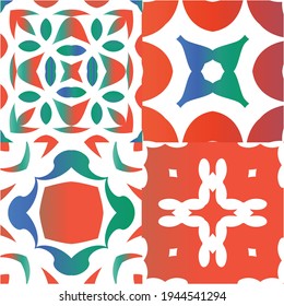 Mexican vintage talavera tiles. Kit of vector seamless patterns. Original design. Red antique backgrounds for pillows, print, wallpaper, web backdrop, towels, surface texture.
