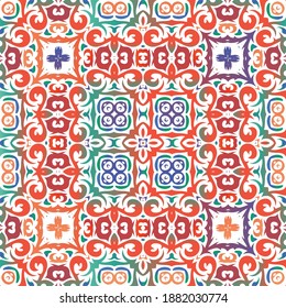 Mexican vintage talavera tiles. Kitchen design. Vector seamless pattern watercolor. Red antique background for pillows, print, wallpaper, web backdrop, towels, surface texture.