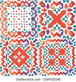 Mexican vintage talavera tiles. Minimal design. Kit of vector seamless patterns. Red antique backgrounds for pillows, print, wallpaper, web backdrop, towels, surface texture.