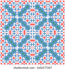 Mexican vintage talavera tiles. Minimal design. Vector seamless pattern collage. Red antique background for pillows, print, wallpaper, web backdrop, towels, surface texture.