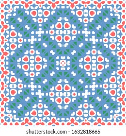 Mexican vintage talavera tiles. Minimal design. Vector seamless pattern collage. Red antique background for pillows, print, wallpaper, web backdrop, towels, surface texture.
