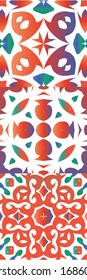 Mexican vintage talavera tiles. Minimal design. Kit of vector seamless patterns. Red antique backgrounds for pillows, print, wallpaper, web backdrop, towels, surface texture.