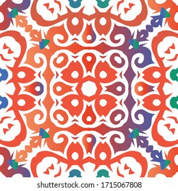Mexican vintage talavera tiles. Minimal design. Vector seamless pattern frame. Red antique background for pillows, print, wallpaper, web backdrop, towels, surface texture.