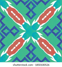 Mexican vintage talavera tiles. Minimal design. Vector seamless pattern collage. Red antique background for pillows, print, wallpaper, web backdrop, towels, surface texture.