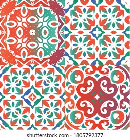 Mexican vintage talavera tiles. Modern design. Kit of vector seamless patterns. Red antique backgrounds for pillows, print, wallpaper, web backdrop, towels, surface texture.