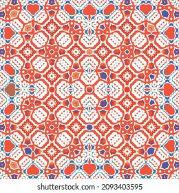Mexican vintage talavera tiles. Original design. Vector seamless pattern template. Red antique background for pillows, print, wallpaper, web backdrop, towels, surface texture.