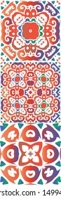 Mexican vintage talavera tiles. Set of vector seamless patterns. Minimal design. Red antique backgrounds for pillows, print, wallpaper, web backdrop, towels, surface texture.