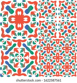 Mexican vintage talavera tiles. Set of vector seamless patterns. Creative design. Red antique backgrounds for pillows, print, wallpaper, web backdrop, towels, surface texture.