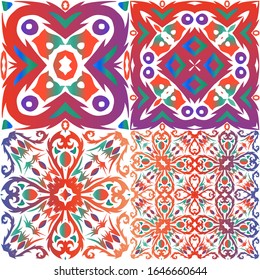 Mexican vintage talavera tiles. Set of vector seamless patterns. Minimal design. Red antique backgrounds for pillows, print, wallpaper, web backdrop, towels, surface texture.