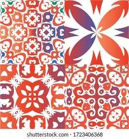 Mexican vintage talavera tiles. Set of vector seamless patterns. Modern design. Red antique backgrounds for pillows, print, wallpaper, web backdrop, towels, surface texture.