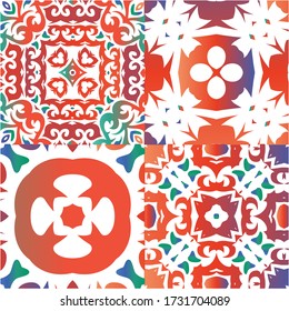 Mexican vintage talavera tiles. Set of vector seamless patterns. Hand drawn design. Red antique backgrounds for pillows, print, wallpaper, web backdrop, towels, surface texture.