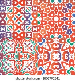 Mexican vintage talavera tiles. Set of vector seamless patterns. Stylish design. Red antique backgrounds for pillows, print, wallpaper, web backdrop, towels, surface texture.