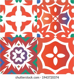 Mexican vintage talavera tiles. Set of vector seamless patterns. Colored design. Red antique backgrounds for pillows, print, wallpaper, web backdrop, towels, surface texture.