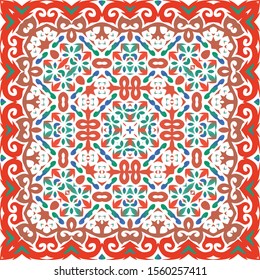 Mexican vintage talavera tiles. Stylish design. Vector seamless pattern texture. Red antique background for pillows, print, wallpaper, web backdrop, towels, surface texture.