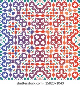 Mexican vintage talavera tiles. Stylish design. Vector seamless pattern collage. Red antique background for pillows, print, wallpaper, web backdrop, towels, surface texture.