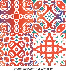 Mexican vintage talavera tiles. Stylish design. Set of vector seamless patterns. Red antique backgrounds for pillows, print, wallpaper, web backdrop, towels, surface texture.
