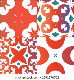 Mexican vintage talavera tiles. Stylish design. Kit of vector seamless patterns. Red antique backgrounds for pillows, print, wallpaper, web backdrop, towels, surface texture.