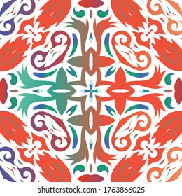 Mexican vintage talavera tiles. Universal design. Vector seamless pattern collage. Red antique background for pillows, print, wallpaper, web backdrop, towels, surface texture.