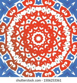 Mexican vintage talavera tiles. Vector seamless pattern theme. Fashionable design. Red antique background for pillows, print, wallpaper, web backdrop, towels, surface texture.