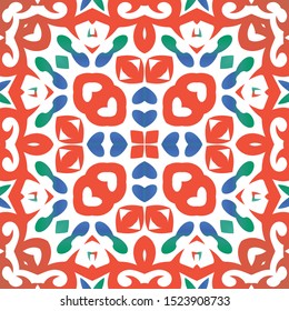Mexican vintage talavera tiles. Vector seamless pattern poster. Geometric design. Red antique background for pillows, print, wallpaper, web backdrop, towels, surface texture.