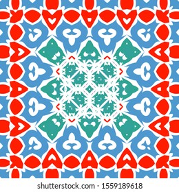 Mexican vintage talavera tiles. Vector seamless pattern concept. Hand drawn design. Red antique background for pillows, print, wallpaper, web backdrop, towels, surface texture.