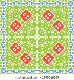 Mexican vintage talavera tiles. Vector seamless pattern concept. Hand drawn design. Red antique background for pillows, print, wallpaper, web backdrop, towels, surface texture.