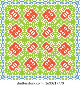 Mexican vintage talavera tiles. Vector seamless pattern concept. Hand drawn design. Red antique background for pillows, print, wallpaper, web backdrop, towels, surface texture.