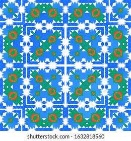 Mexican vintage talavera tiles. Vector seamless pattern concept. Hand drawn design. Red antique background for pillows, print, wallpaper, web backdrop, towels, surface texture.