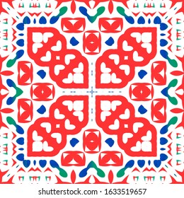 Mexican vintage talavera tiles. Vector seamless pattern poster. Geometric design. Red antique background for pillows, print, wallpaper, web backdrop, towels, surface texture.