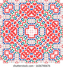 Mexican vintage talavera tiles. Vector seamless pattern poster. Geometric design. Red antique background for pillows, print, wallpaper, web backdrop, towels, surface texture.