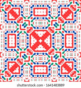 Mexican vintage talavera tiles. Vector seamless pattern poster. Geometric design. Red antique background for pillows, print, wallpaper, web backdrop, towels, surface texture.